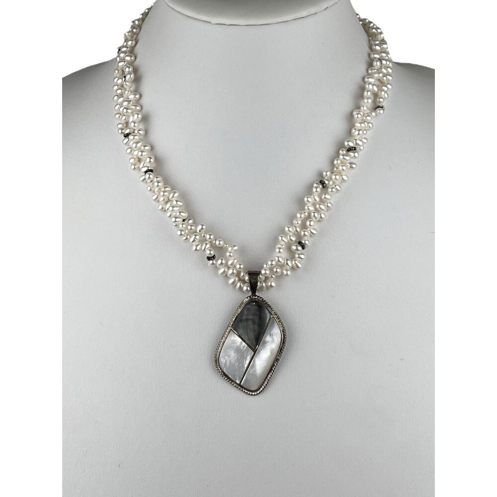 LUC Sterling Silver Necklace Double Strand 18.5" Real Pearl Abalone MOP Pendant